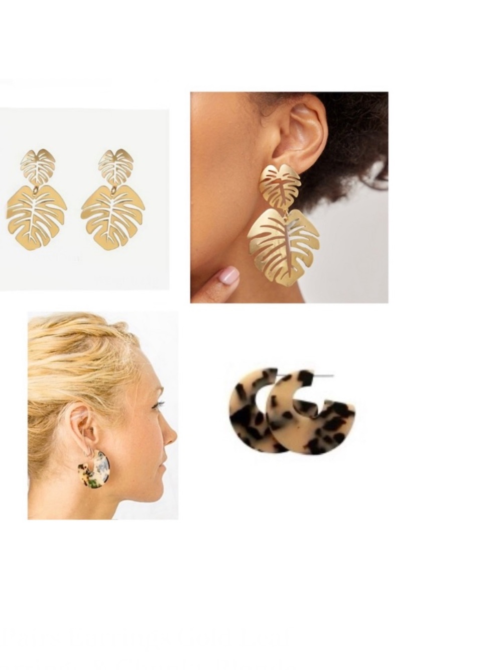 2 Pairs Earrings Gold Leaf Earrings & Chunky Blonde Tortoise Round Hoop Earrings